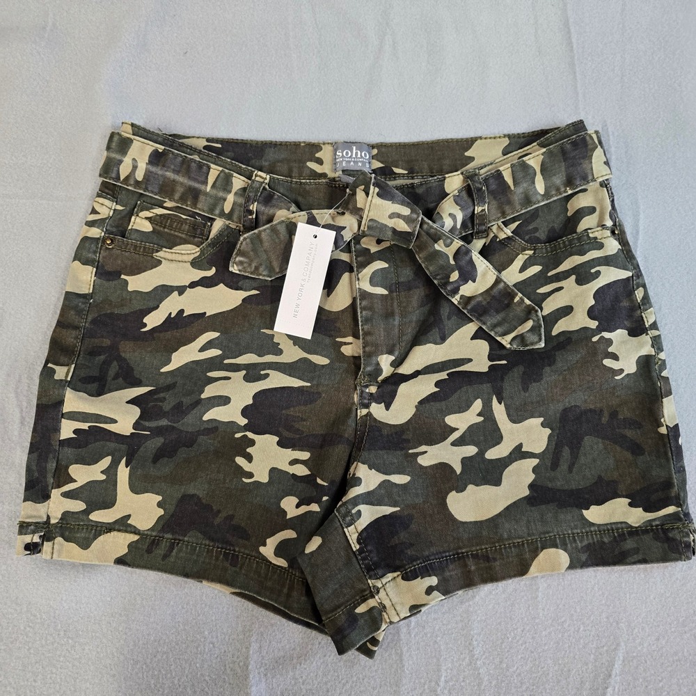 New York & Company Soho Jeans Camo Tie Waist Shorts Green Camouflage Womens 6